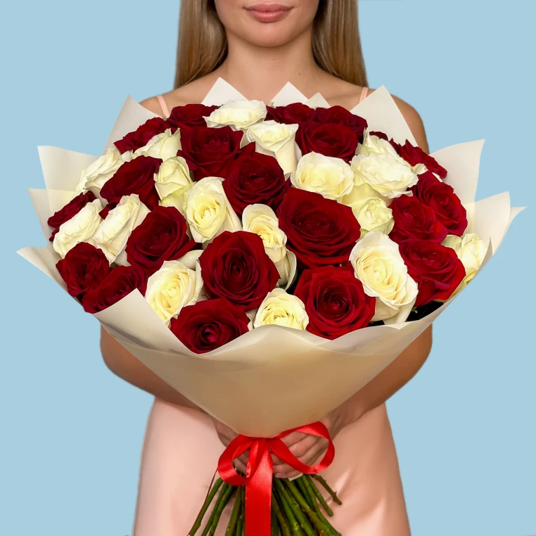 Bouquet of 50 White and Red roses image