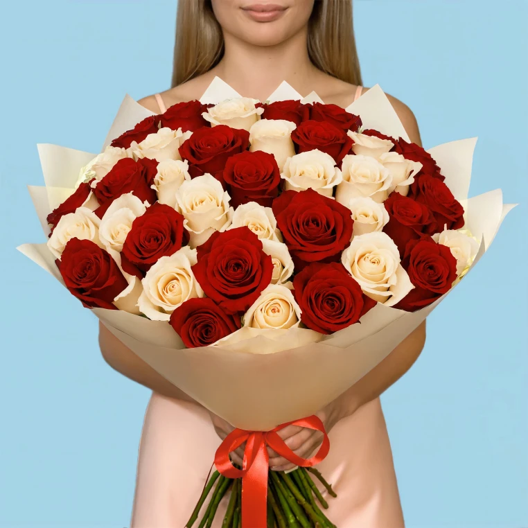 Bouquet of 50 White and Red roses image