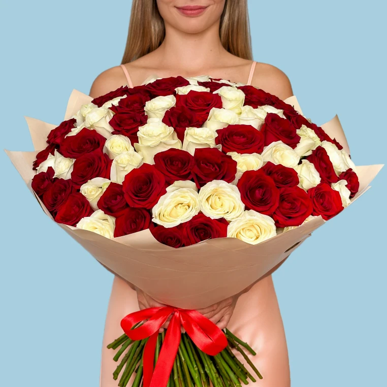 Bouquet of 100 White and Red roses image