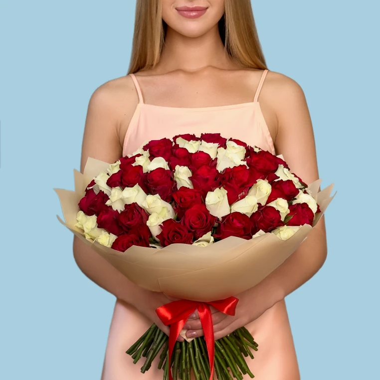 100 White and Red Roses from Kenya image