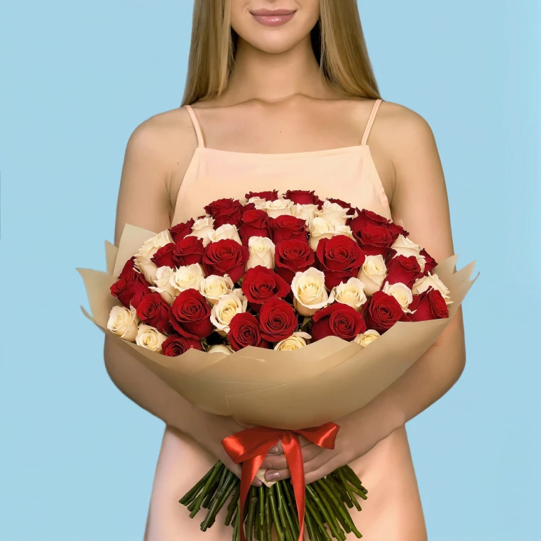 100 White and Red Roses from Kenya image